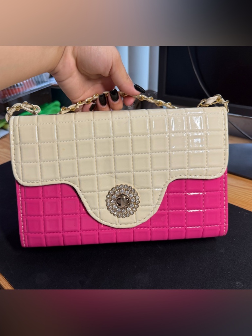 Two-Tone Cream and Hot Pink Quilted Shoulder Bag with Chain Strap